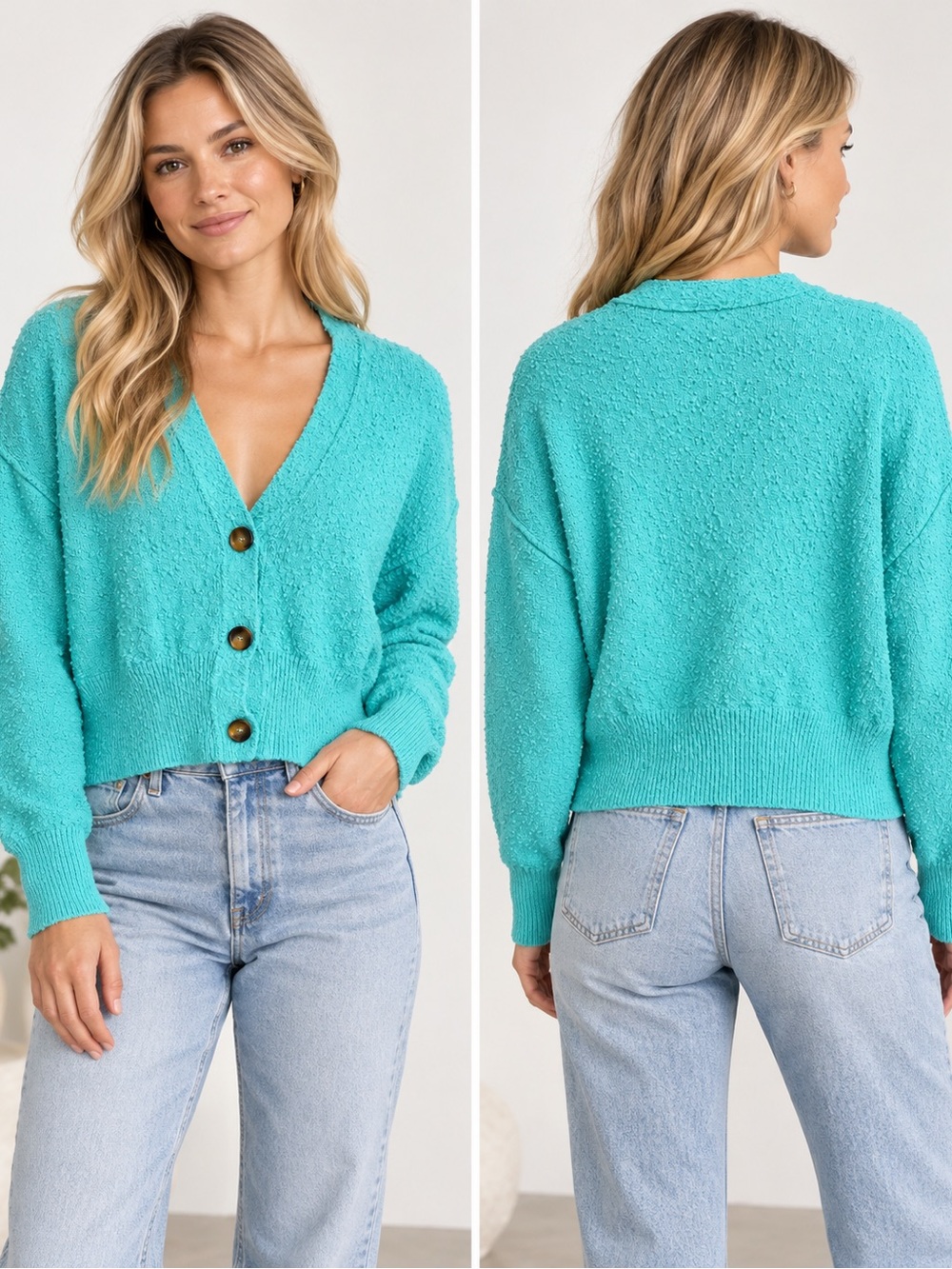 Free People Turquoise Textured Bouclé Cardigan Size Small Button Front Cropped